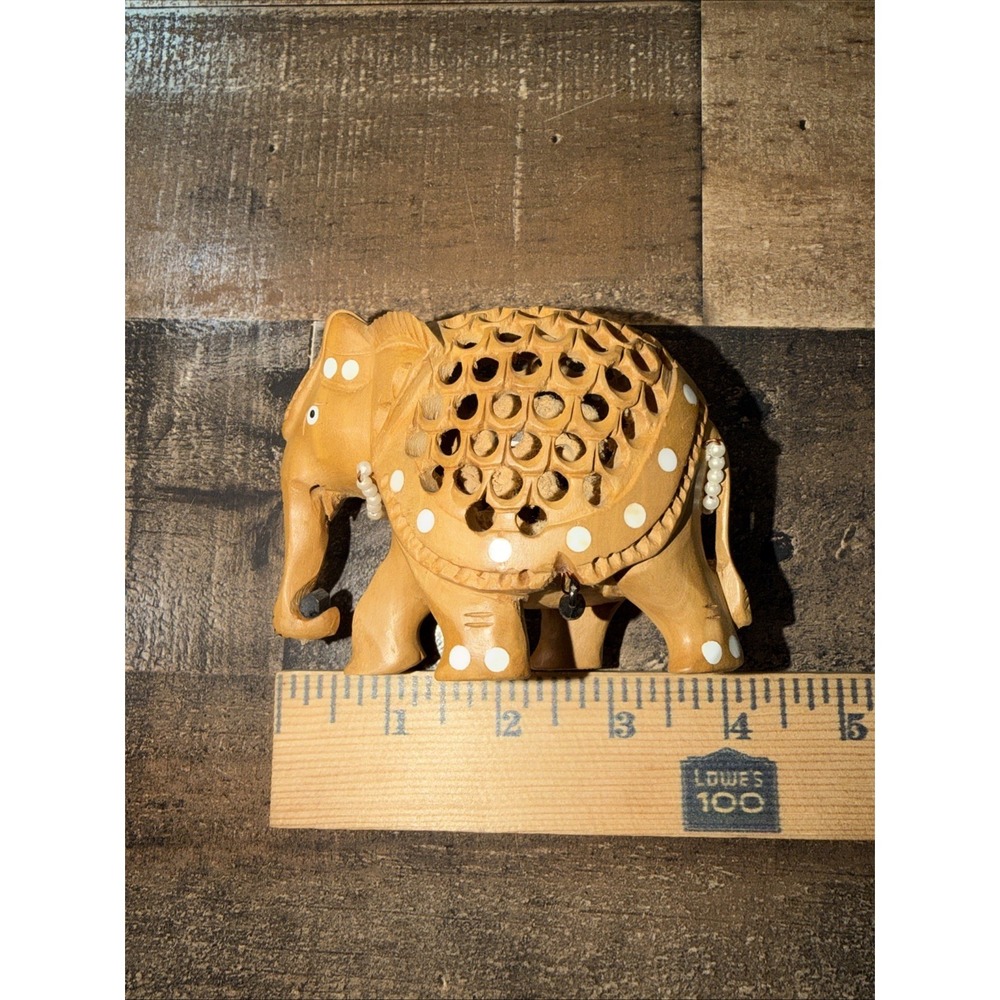 Hand Carved Wooden Pregnant Elephant Jali Undercut Lattice Figurine India Art - Picture 12 of 14